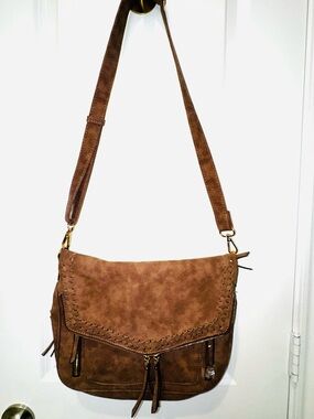Women's Brown Suede Crossbody Bag with Braided Flap